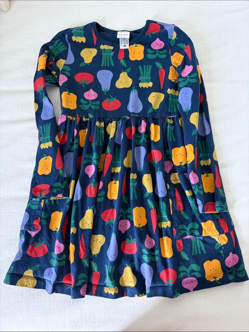 Hanna Andersson Navy Long-Sleeve Dress with Colorful Veggie Print 130cm / 8
